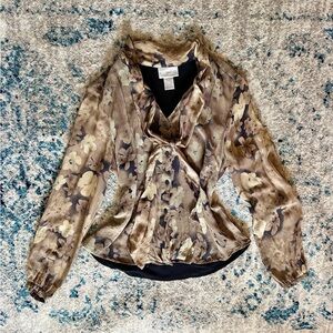 Beige and Brown Floral Silk Top